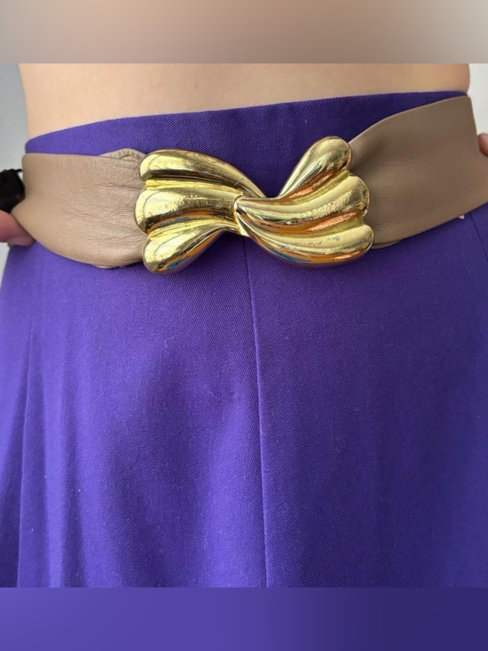 Vintage 80s tan leather belt with gold tone buckle